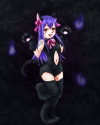 akuba brown_eyes cat_ears cat_girl corruption fairy_tail fangs femsub monster_girl purple_hair ribbon smile spoilers tail tattoo text transformation wendy_marvell
