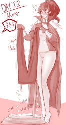 a_singular_fish anna_(fire_emblem) belt blush bottomless bracers cape coin confused drool expressionless eyebrows_visible_through_hair feet female_only femsub financial_domination fire_emblem fire_emblem_awakening gloves hypnovember legs money open_mouth pants ponytail pussy red_eyes red_hair shirt simple_background small_breasts solo tiptoes white_background