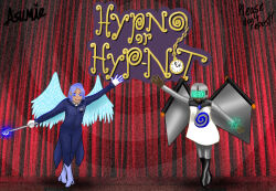 asumie back_and_forth_(weedwhackeraccident) blue_eyes blue_hair female_only femdom magic magic_wand original pov pov_sub siren spiral_background spiral_eyes stage suit text thighhighs visor white_hair wings