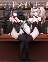  absurdres black_hair bow_tie breasts bunny_ears bunnysuit celestia_ludenberg cleavage dangan_ronpa drill_hair empty_eyes fake_animal_ears female_only femsub happy_trance high_heels junko_enoshima large_breasts long_hair looking_at_viewer open_mouth red_eyes shinzu sitting smile thighhighs tie twintails 