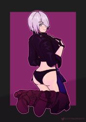  angel_(king_of_fighters) ass boots female_only femsub fingerless_gloves gloves grey_background happy_trance high_heels jacket king_of_fighters kneeling pink_background short_hair simple_background smile solo symbol_in_eyes thighhighs victoriamikoto watermark white_hair 