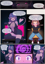  black_hair bondage brown_hair demon_girl dialogue dominatrix elf_ears femdom feminization flechitas forced_employee headphones hopetg horns hypnotic_audio hypnotic_screen large_breasts long_hair malesub original purple_skin tail text 