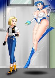  android_18 blonde_hair blue_eyes blue_hair bluebullpen breasts crossover dragon_ball earrings erect_nipples high_heels huge_breasts hypnotic_screen jewelry sailor_mercury sailor_moon_(series) short_hair spiral_eyes story symbol_in_eyes tech_control 