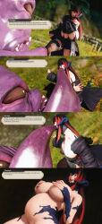  3d au_ra aware bare_breasts bare_shoulders black_hair breasts dialogue edengpose edenhianne english_text erect_nipples eye_color_change femsub final_fantasy final_fantasy_xiv horns huge_breasts hypnotic_slime long_hair monster multicolored_hair nipples open_mouth oral outdoors pink_eyes possession red_eyes red_hair slime smile square_enix stomach_bulge text tongue tongue_out 