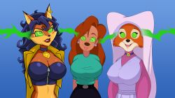 a_goofy_movie absurdres blue_hair breasts carmelita_fox cleavage collar crossed_eyes disney dog_girl earrings female_only femsub fox_girl furry goof_troop happy_trance hypnotic_whistle jewelry kaa_eyes large_breasts lip_biting long_hair magic maid_marian_(disney) mole multiple_girls multiple_subs open_mouth red_hair robin_hood_(disney) roxanne_(goof_troop) sly_cooper_(series) smile tongue tongue_out vevymani