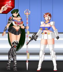 armor bluebullpen boots brown_eyes brown_hair choker cleavage crossover femdom femsub fraw_bow gauntlets glowing_eyes green_hair gun gundam_(series) happy_trance high_heels huge_ass huge_breasts hypnotic_accessory jewelry knight long_hair magic magical_girl mobile_suit_gundam_(original) red_eyes sailor_moon_(series) sailor_pluto short_hair short_skirt single_hair_bun smile story symbol tech_control thick_thighs thighhighs transformation