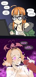  ahoge bangs comic cum cum_on_face demon dialogue erection female_only femsub futaba_sakura glowing_eyes gradient_background grey_eyes hand_on_head handjob haru_okumura heart heart_eyes incubus jacket laptop long_hair majinsfw one_eye_open orange_hair orgasm penis persona_(series) persona_5 pink_eyes shirt short_hair signature simple_background smile speech_bubble symbol_in_eyes tagme text topless 