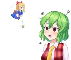  apron blonde_hair bow confused doll drool empty_eyes eyebrows_visible_through_hair female_only femsub green_hair hair_ornament maozi_dan open_mouth pendulum red_eyes shanghai_doll shirt short_hair simple_background spiral tie touhou vest white_background yuuka_kazami 