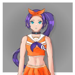  blue_eyes cheerleader collar expressionless female_only femsub glowing glowing_eyes hypnotic_accessory joyce_(spiral_clicker) navel open_mouth purple_hair spiral_clicker tech_control zi-tech_(zires) zires 