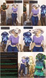  3d alien becca_(thalarynth) caption comic crocodile_girl crop_top del_(thalarynth) ellis_(thalarynth) femdom femsub furry kathy_(thalarynth) original possessed_becca_(thalarynth) possession pov pov_dom scalie snake_girl speech_bubble suitcase text thalarynth_(manipper) topless 