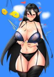  absurdres bare_shoulders black_hair blush breasts choker cleavage coin collarbone elf exposed_chest expressionless female_only femsub heart_eyes huge_breasts lingerie long_hair mole original pendulum piercing scar simple_background solo sweat symbol_in_eyes thick_thighs thighhighs undressing x_chok1 
