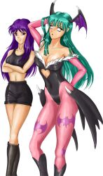  bare_shoulders breasts capcom carlosfco cleavage collarbone crossed_arms darkstalkers femdom femsub gloves green_hair heart kigi_(carlosfco) large_breasts long_hair midriff miniskirt morrigan_aensland navel opera_gloves original purple_eyes purple_hair sigfried028 simple_background skirt tank_top tight_clothing transparent_background whitewash_eyes 