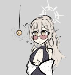 blonde_hair blue_archive earrings female_only femsub glasses grey_background halo nagisa_(blue_archive) original pendulum simple_background skecchyartist swimsuit yellow_eyes