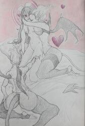  bed corset demon_girl elf_ears femdom femsub glowing_eyes hair_ribbon heart heart_eyes hug long_hair multiple_girls nude open_mouth original pink_eyes short_hair succubus symbol_in_eyes thick_thighs thighhighs threesome tiskull 