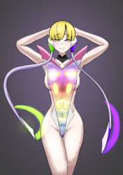  armpits arms_above_head aura blonde_hair cameltoe choya_ni_gori collarbone elesa empty_eyes erect_nipples erect_nipples_under_clothes eyeshadow grey_background happy_trance leotard looking_at_viewer malamar malamar_outfit mega_malamar nintendo pokemon pokemon_legends_z-a sideboob simple_background smile standing straight-cut_bangs thigh_gap yellow_eyes 