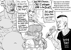 absurdres baalbuddy beard belt breasts chains claws cleavage collar denial dialogue earrings elf_ears english_text fangs femsub fishnets gloves greyscale handcuffs humor hypnotic_tattoo large_breasts monochrome multiple_boys multiple_doms nose_ring orc pants parody restrained scar shirt simple_background smile speech_bubble sweat taimanin_(series) tattoo text white_background