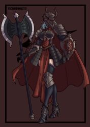  absurdres armor axe blue_hair border brown_background cape clothed corruption earrings enemy_conversion eye_color_change female_only femsub galerius_(unicorn_overlord) gauntlets glowing glowing_eyes hair_ornament helmet high_heels horns jewelry maledom milf possession queen queen_ilenia red_eyes royalty shield simple_background solo unicorn_overlord victoriamikoto weapon 