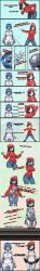  ai_art apron arms_above_head assimilation beanie binary_eyes black_hair blue_hair comic confused dialogue doll_joints electricity english_text fungip_(generator) grey_skin hair_covering_one_eye hand_on_hip jeans large_ass large_breasts maid naked_apron nurse presenting red_eyes robot_girl robotization simple_background skirt_lift smile speech_bubble spread_legs standing standing_at_attention sweater text transformation wide_hips 