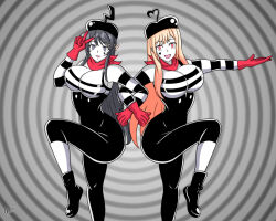 alerith alternate_costume beret blonde_hair breasts cleavage clothed empty_eyes female_only femsub gloves grey_eyes grey_hair happy_trance large_breasts legs_up looking_at_viewer mai_sakurajima makeup marin_kitagawa mime multicolored_eyes my_dress-up_darling orange_eyes orange_hair shoes smile spiral_background v very_long_hair white_skin