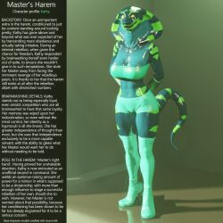  3d amnesia arms_behind_back assertive_sub aware caption character_profile femsub furry happy_trance harem harem_outfit high_heels hypnotized_assistant manip original scalie slit_pupils smile snake_girl tail text thalarynth_(manipper) thigh_boots tube_top yellow_eyes 