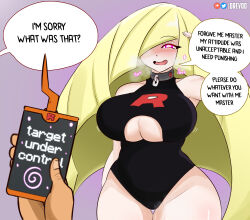  blonde_hair breasts cleavage cleavage_cutout collar drevod drool femsub hair_covering_one_eye long_hair lusamine milf nintendo open_mouth pink_eyes pokemon pokemon_sun_and_moon saluting team_rocket tech_control text very_long_hair 