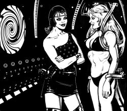 black_hair blonde_hair bondage bra expressionless female_only femdom femsub greyscale helmet hypnotic_screen midriff open_mouth original panties sketch spiral standing standing_at_attention tech_control theoldgoat1955 traditional underwear