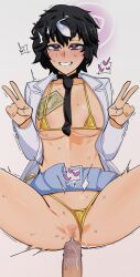  bikini_top black_hair blue_eyes blush censored double_v eye_roll femsub heart heart_eyes maledom marnie_(meitantei_marnie) meitantei_marnie money nude penis pussy ryuugu short_hair simple_background spiral sweat symbol_in_eyes trembling used_condom v white_background 