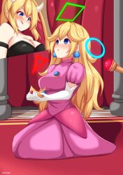  blonde_hair blue_eyes bowsette empty_eyes expressionless female_only femdom femsub kneeling long_hair nintendo princess_peach super_mario_bros. yakai 