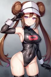  ai_art alternate_costume bare_shoulders breasts brown_hair cameltoe cuffs empty_eyes erect_nipples erect_nipples_under_clothes female_only femsub gloves hair_buns happy_trance hat leotard looking_at_viewer nintendo opera_gloves pink_eyes pokemon pokemon_black_and_white_2 rosa_(pokemon) rubber saluting seiha_(generator) smile solo stable_diffusion_(ai) standing team_rocket thick_thighs thigh_boots thighhighs twintails 