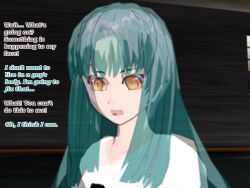 3d cyan_hair feminization flamekin ghost_girl hair_color_change hair_growth long_hair possession shirt text transformation transgender unusual_pupils yellow_eyes
