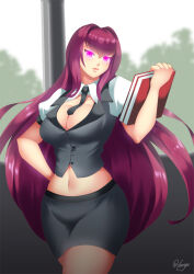 book breasts cleavage collarbone fate/grand_order fate_(series) female_only femsub glowing glowing_eyes hadant large_breasts long_hair midriff navel pink_eyes purple_hair scathach_(fate/grand_order) signature skirt solo tie
