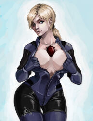  blonde_hair blue_eyes bodysuit breasts femsub hypnotic_accessory jill_valentine large_breasts long_hair morana-twins open_clothes p30 resident_evil resident_evil_5 tech_control traditional 