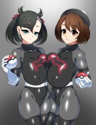  black_hair blue_eyes bodysuit breast_press breasts brown_hair dead_source empty_eyes erect_nipples erect_nipples_under_clothes female_only femsub gloria_(pokemon) gloves gradient_background grey_background hat high_heels huge_breasts leotard looking_at_viewer marnie_(pokemon) multiple_girls multiple_subs nintendo opera_gloves pokemon pokemon_sword_and_shield rubber short_hair simple_background symmetrical_docking team_rocket thick_thighs thigh_boots thighhighs twintails xenoxeno 