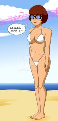 beach bikini brown_hair empty_eyes expressionless female_only femsub glasses hypnotic_audio hypnotic_music jimryu scooby-doo_(series) standing standing_at_attention swimsuit text velma_dinkley