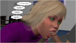 3d blonde_hair erection expressionless fellatio femsub glowing glowing_eyes green_eyes open_mouth original penis pink_lipstick short_hair text thought_bubble wikkidlester