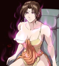  92penpen angry aura bangs bare_shoulders before_and_after breasts brown_hair capcom chair chun-li cleavage collarbone dress earrings expressionless large_breasts microchip pink_eyes signature simple_background sitting street_fighter street_fighter_ii_v tech_control tied_hair torn_clothes unhappy_trance 