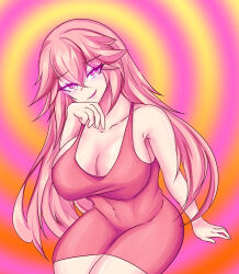 cleavage clothed collarbone dress eyebrows_visible_through_hair female_only femdom glowing_eyes juuzou large_breasts long_hair looking_at_viewer pink_eyes pink_hair pov pov_sub ring_background sideboob sitting smile smirk solo tight_clothing