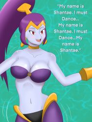  absurdres blush breasts choker cleavage dancer dancing femsub happy_trance harem_outfit large_breasts long_hair mantra navel ponytail purification purple_hair red_eyes risky_boots shantae shantae_(series) simple_background solo spiral_eyes syas-nomis symbol_in_eyes text 