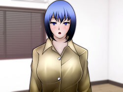 blue_hair blush clothed empty_eyes female_only femsub miura_hiromichi open_mouth original short_hair teacher