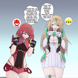 blonde_hair blush bowser breasts cleavage cleavage_cutout control_indicator crossover dialogue drool emblem english_text evil_smile femdom femsub fingerless_gloves gloves happy_trance jetzwap_(jetjzzz) maledom mythra_(xenoblade) nintendo possession princess_peach pyra_(xenoblade) red_eyes red_hair scared short_hair simple_background smile speech_bubble super_mario_bros. sweat tears text thighs unhappy_trance very_long_hair xenoblade_chronicles xenoblade_chronicles_2 yellow_eyes