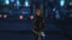  blue_eyes breast_expansion breasts femsub final_fantasy_xiv glowing_eyes military_uniform red_hair ryne scarf screenshot standing standing_at_attention sword uniform weapon 