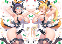  armpits arms_above_head ass black_hair blonde_hair blush breasts bunnysuit cleavage cuffs dual_persona erect_nipples fake_animal_ears female_only femsub gloves glowing glowing_eyes high_heels kawase_seiki large_ass large_breasts large_hips leafa long_hair looking_at_viewer manip misterman4_(manipper) multiple_persona open_mouth ponytail short_hair spiral_eyes suguha_kirigaya sword_art_online symbol_in_eyes thighhighs torn_clothes wink 