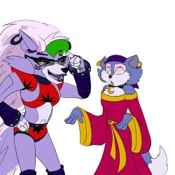  crossover female_only femdom femsub five_nights_at_freddy&#039;s five_nights_at_freddy&#039;s:_security_breach furry gizmo01 glasses hand_on_hip hypnotized_hypnotist ms._fortune_(toonstruck) open_mouth piercing purple_hair roxanne_wolf sharp_teeth simple_background spiral_eyes toonstruck western white_background 
