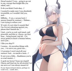  assertive_sub begging caption cleavage consensual elf_ears femsub horns large_breasts lingerie love magic monsieurchuchote_(writer) nekojira shy succubus text white_hair wholesome wings 