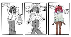  4five1 absurdres bare_legs bottomless comic consensual dazed dialogue drool female_only femsub glasses glasses_on_head heart hypnotic_clothing jacket open_mouth original phantom_hand pussy pussy_juice short_hair speech_bubble spiral spiralwash_eyes text trembling white_background zipper 