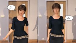  3d before_and_after brown_eyes brown_hair collarbone comic female_only femsub hexxet open_mouth sayo_tei short_hair skirt solo standing standing_at_attention text the_gift 