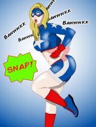  absurdres ahegao blonde_hair blue_eyes chicken_pose crossed_eyes dc_comics embarrassed femsub humiliation mask midriff open_mouth pet_play saltygauntlet shorts stargirl super_hero text thick_thighs 