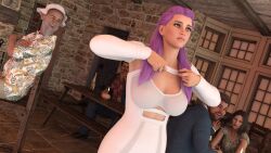 3d betsy_braddock bodysuit ca captain_britain long_hair marvel_comics purple_eyes purple_hair purple_man purple_skin short_hair standing standing_at_attention undressing