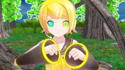  3d animated blonde_hair confused crossover disney femsub forest headphones kaa kaa_eyes microphone neckerchief rin_kagamine ring_eyes shirt smile tagme thandc the_jungle_book trees video vocaloid 