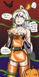 absurdres ahoge alternate_costume androgynous_dom bat_wings brain_injection breast_fondling breasts choker cleavage closed_eyes clothed costume dialogue english_text eye_color_change femsub floating ghost gloves halloween hy2300 hypnotic_plant hypnotic_tentacle large_breasts lipstick makeup night opera_gloves orange_eyes orange_lipstick outdoors plant possession pumpkin resisting shrunken_irises smile speech_bubble spiralwash_eyes text thighhighs thighs unhappy_trance very_long_hair vines weak_resistance yixuan_(zenless_zone_zero) zenless_zone_zero
